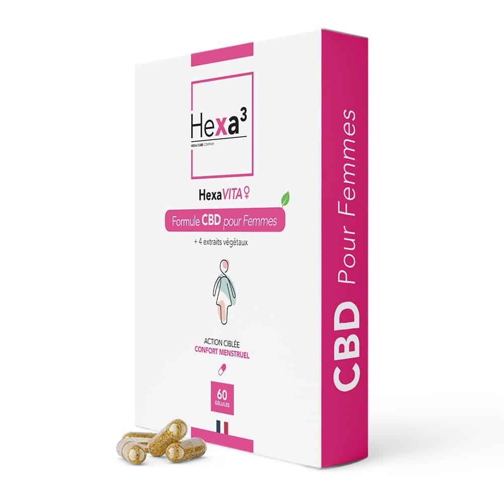 Caja de cápsulas de cbd confort menstrual - fórmula de 60 días para aliviar el dolor menstrual.